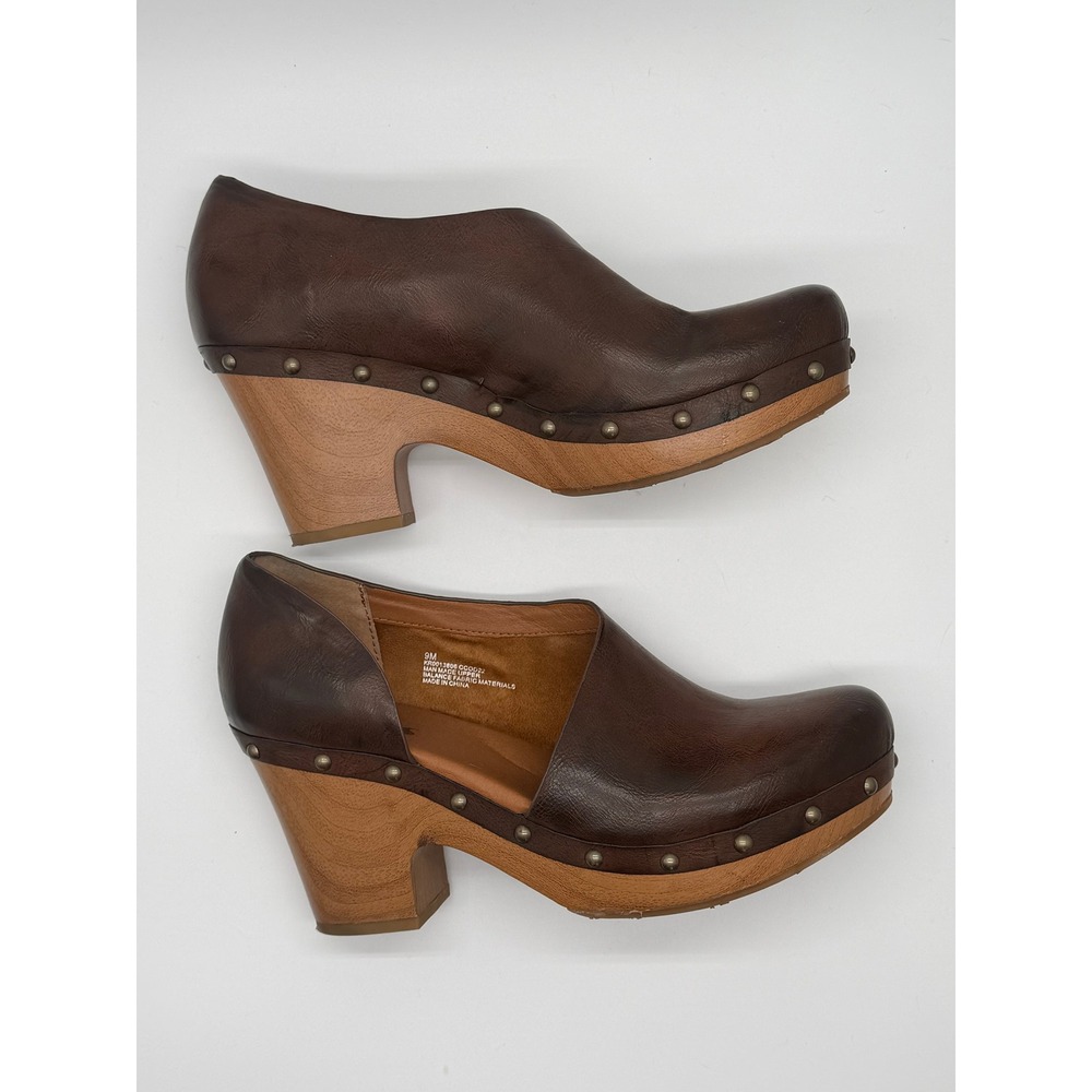 Korks Clog Arielle Platform Clog Women 9M Brown Studded Wood Block Heel Cutout - Picture 4 of 11